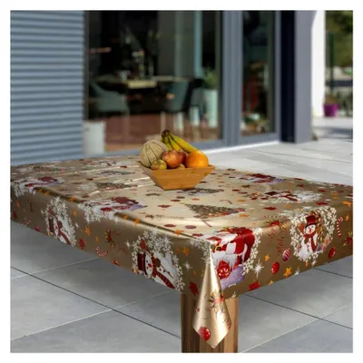 Produktbild von Wachstuch-Tischdecke mit Weihnachtsmotiven, PVC, eckig, Meterware, wasserabweisend, abwischbar, Größe: 110x110, Muster: Weihnachten Gold Schneemann