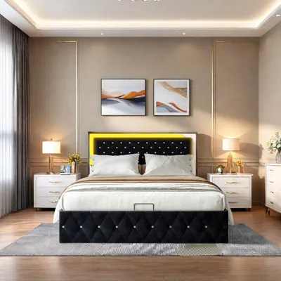 Produktbild von Bett mit Stauraum - Doppelbett 160×200 cm - Samtbezug - Holzrahmen - Modernes Design - Montage erforderlich - Schwarz