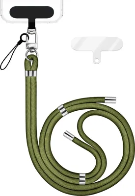 Produktbild von HoldMe Edition - Lanyard mit Karabiner Silber & 2 Pads - Universal Handykette Nylon Umhänge Band -  Oliv Grün