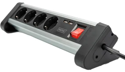 Zdjęcie produktu dla Digitus 4 gniazda, biurowa listwa zasilająca z 2 wejściami USB, 1,5 m, Wewnętrzna, Typ E / F, Type F (CEE 7/4), Czarny, Srebrny, Aluminium