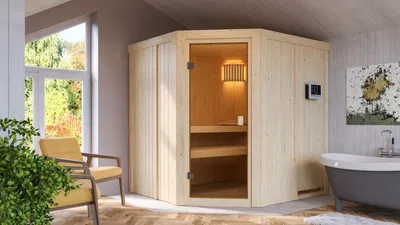 Produktbild von Karibu Sauna Innensauna Bodo Eckeinstieg Ofen 9 KW externe Strg easy 196x178x198 cm ohne Dachkranz