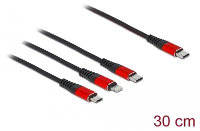 Image de Câble de recharge USB Delock 3 en 1 USB Type-C vers Lightning/Micro USB/USB Type-C, 30 cm