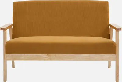 A front view of a mustard yellow sofa with wooden legs.