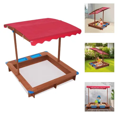 Image de Bac à sable pour enfants - Bac à sable en bois avec auvent - Pour le jardin, la cour, la terrasse, la plage - Montage facile - Pour l'extérieur - Rouge