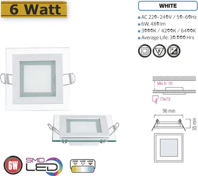 Obrázek produktu pro 6W LED panelové skleněné zapuštěné bodové světlo Ø96x96mm studená bílá 6500K stropní světlo zapuštěné osvětlení hranaté