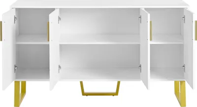 Produktbild von Merax Hochglanz Sideboard 140x40x80 cm mit 4 Türen, geometrisches Frontdesign, Metallgriffe und beine, Kommode für Wohnzimmer und Flur, Weiß