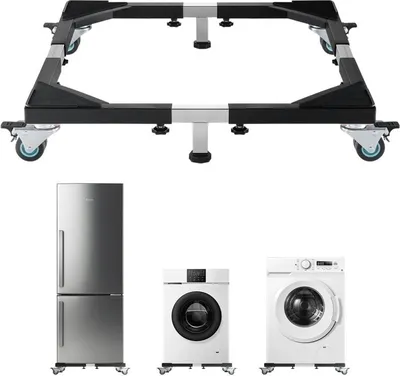 A mobile stand for appliances like refrigerators and washing machines is shown above three appliances.