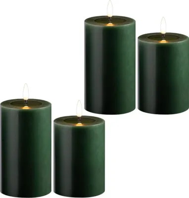 Produktbild von 4er Set Led Kerzen flackernde Flamme mit Echtwachspiegel grün 7,5cm ø 2x 12, 5cm, 2x10 cm Höhe, LED Kerzen mit Timerfunktion, 2 AA Batterien nötig, LED Echtwachs Stumpenkerzen warmweiß