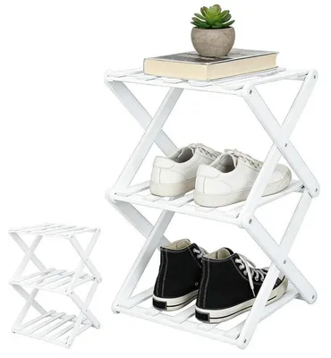Produktbild von Schuhregal 3 Ebenen faltbar schmal platzsparend weiß Bambus