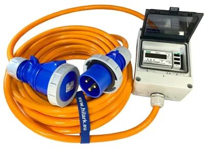 Produktbild von CEE Starkstrom-Verlängerungskabel für Wohnmobil 32A PUR H07BQ-F 5x4mm² IP65 mit Energiezähler und Voltmeter 10m
