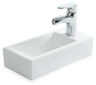Obrázek produktu pro Umyvadlo na WC pro hosty PARIS z nejkvalitnější keramiky pro montáž na stěnu nebo jako umyvadlo na desku s otvorem pro baterii, provedení:Otvor pro baterii vlevo