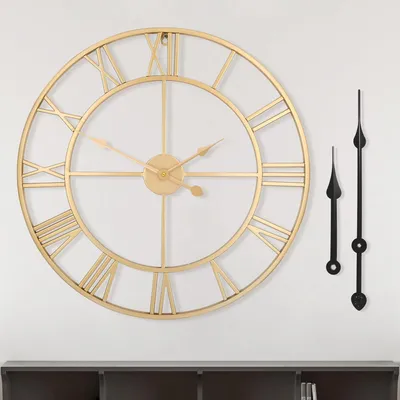Römische Retro-Wanduhr, rund, Metall, 60 cm, goldene Ziffern