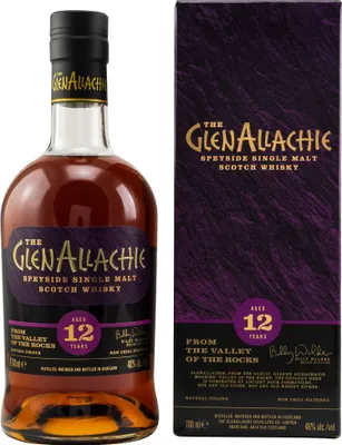 A bottle of Glenallachie 12 Year Old Speyside Single Malt Scotch Whisky and its accompanying presentation box, displayed against a white background.