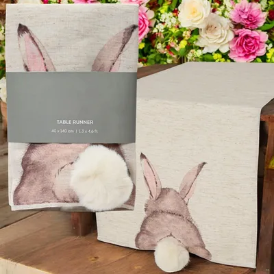 Imagen del producto de Omgoods - Mantel individual con estampado de conejos, 40 x 140 cm - Decoración de mesa para Pascua - Fácil de limpiar - 100% poliéster - Adornado con pompones - Decoración de alta calidad - Mantel