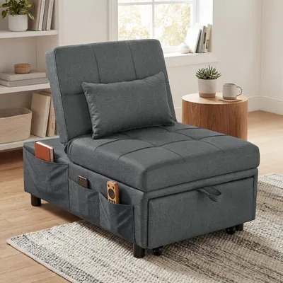 Produktbild von SUGIFT Schlafsofa 4-in-1 Klappsessel, Schlafsessel verstellbar, Leinenoptik Grau | 65,5 x 104 x 43 cm | Eukalyptusholz | 21,4 kg
