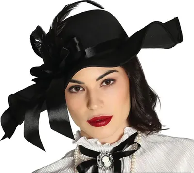Produktbild von 19 Jahrhundert Schwarzer Hut Karneval Accessoire Eleganter Retro Schlapphut Fasching Schleife Feder Design, Farbe: Schwarz