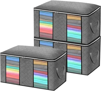 Productafbeelding van Opbergtas, 3 stuks, opvouwbare kledingorganizers met groot venster en verstevigde handgrepen, grijs