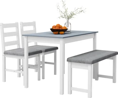 Produktbild von Sitzgruppe, 4-teiliges Esstisch-Set, 1 Tisch, 1 Bank, 2 Stühle, Grau + Weiß