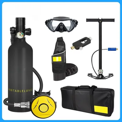 Image de Kit de bouteille d'air pour plongée sous-marine - Mini bouteille de plongée - 200 bars / 3000 PSI - 15 à 20 minutes d'air respirable - profondeur de plongée jusqu'à 10 mètres - aluminium 6061 - avec pompe manuelle - noir