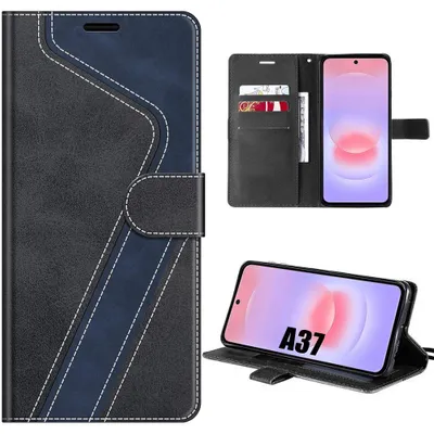 Image de Coque pour Samsung Galaxy A37 5G, Protection Antichoc Anti-Rayures Effet Cuir Noir Bleu Marine