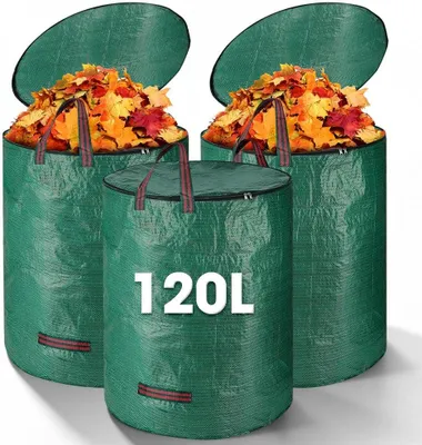 Zdjęcie produktu dla Worki na odpady ogrodowe 120 l, 3 szt., z pokrywą i uchwytami, do trawy