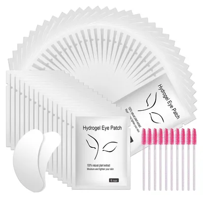 Produktbild von Augenpads Wimpernverlängerung Wimpernpads - 50 Paar - Fusselfrei und latexfrei - Mit 10 Wimpernbürsten für Wimpernverlängerung