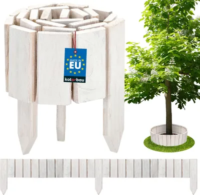 A product image showing a white wooden garden border, a tree with a similar border around its base, and a separate piece of the border laid flat.