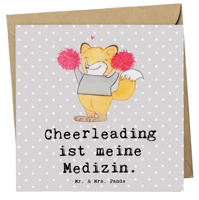 Produktbild von Mr. & Mrs. Panda Grußkarte Fuchs Cheerleader - Grau Pastell - Geschenk, Turniere, anlasskarte, Turnen, Turn Club, Cheerleading, doppelkarte, faltkarte, Klappkarte