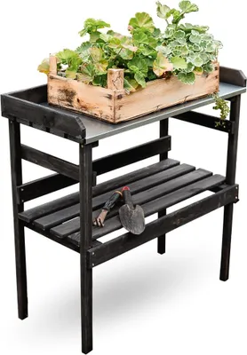 Productafbeelding van Houten plantentafel met zinken blad | Zwart met 2 plateaus | Tuintafel van vurenhout voor tuinieren, geschikt voor binnen- en buitengebruik | 78x82x38 cm | Tafel voor kas, planten, bloempotten en verpotten