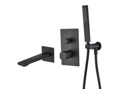 Produktbild von GranMaster Unterputz-Wannenarmatur Schwarz Matt - 3-Teiliges Design-Set mit Wanneneinlauf & Handbrause, inkl. Installations-Box, Einhebelmischer