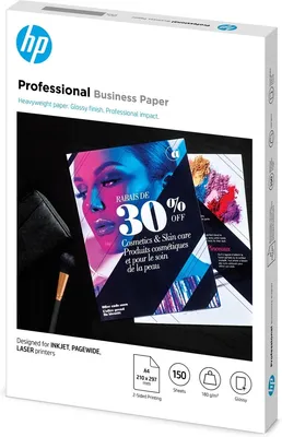 Zdjęcie produktu dla HP Papier Professional Business, błyszczący, 180 g/m2, A4 (210 × 297 mm), 150 arkuszy, Druk laserowy/atramentowy, A4 (210x297 mm), Połysk, 150 ark., 180 g/m², Biały
