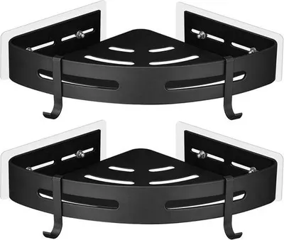 Imagen del producto de Estante de esquina autoadhesivo de aluminio Unyqoos® para baño y cocina: 2 niveles, 4 ganchos, color , capacidad de hasta 10 kg por estante