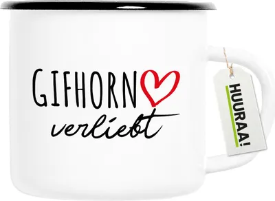Produktbild von Huuraa Emaille Tasse Gifhorn verliebt 300ml Vintage Campingbecher Geschenkidee