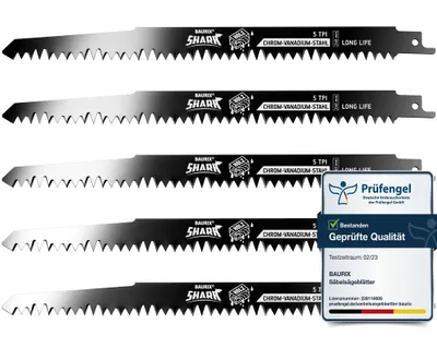 Produktbild von BAURIX® [LONG LIFE] Säbelsägeblätter Holz, 5 Stück, 240 mm, 5 TPI, Sägeblatt Säbelsäge für schnelle und saubere Schnitte, Säbelsägeblatt für Holz