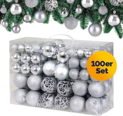 DEUBA® Weihnachtskugeln 100tlg Ø 3-6cm Kunststoff matt glänzend Christbaumkugeln Christbaumschmuck Anhänger Weihnachtsbaumkugeln Weihnachtsdeko Silber