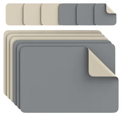 Produktbild von Arendo Tischset 12-teilig aus Kunstleder, 6 Platzsets 44,5x30 cm und 6 Getränkeuntersetzer 10x10 cm, wendbar zweifarbig, rutschfest, wasserabweisend, abwischbar, grau beige