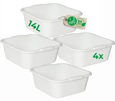 Produktbild von Novaliv 4x Spülschüssel eckig 14L, 38x38 cm, Weiß, BPA-frei & Spülmaschinenfest – Ideal für Küche und Camping, Wanne, Große Plastikschüssel, Waschschüssel eckig, Waschwanne, Abwaschschüssel