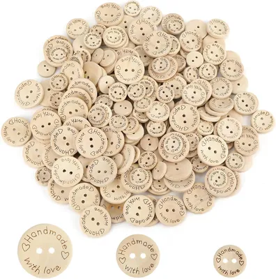 Zdjęcie produktu dla Drewniane guziki, 210 sztuk, o średnicach 15 mm, 20 mm i 25 mm, do szycia