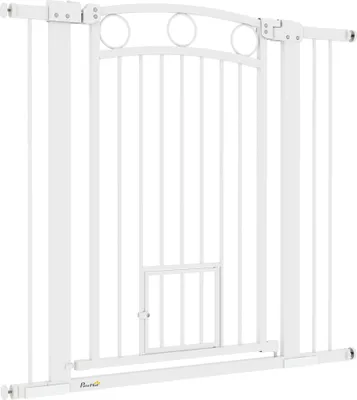Produktbild von Haustiertor, 96 cm Treppengatter, verstellbare Breite 76-104 cm, mit Katzentür, für Treppen und Türöffnungen, Weiß