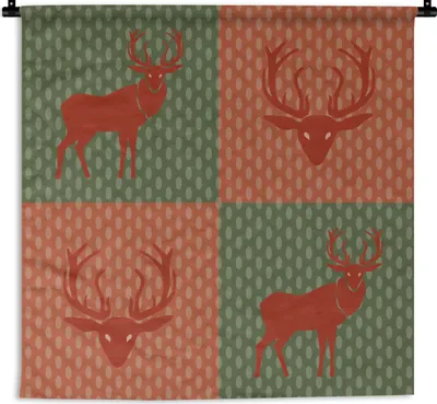 Produktbild von MuchoWow® Wandteppich Wandbehang Muster - Hirsche - Grün - Rot 60x60 cm Tapisserie Dekoration Wandtuch - Dekorationen - Wand Decke