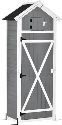 Zdjęcie produktu dla Drewniana szafka ogrodowa Outsunny, odporna na warunki atmosferyczne, 78x52,5x182 cm, domek narzędziowy z dachem dwuspadowym, drzwi, domek ogrodowy ze składanym stołem, haczyki, szafka narzędziowa na patio, do ogrodu, szara