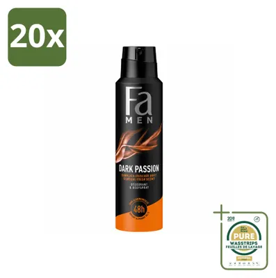 Immagine prodotto di 20 flaconi di deodorante spray Fa Men Deodorant Dark Passion, 150 ml - Confezione da 20 pezzi