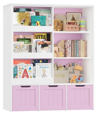 Immagine prodotto di Libreria per bambini - Libreria e mobile porta giocattoli con anta scorrevole - 3 cassetti su rotelle - 10 scomparti - 120,5x100x37 cm - Legno - Rosa