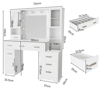 Image de Table de maquillage avec miroir - Coiffeuse - Éclairage LED - 8 tiroirs et armoires - Commode pour chambre à coucher - Bois - Blanc