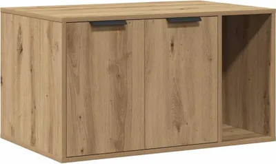 A wooden cabinet with two doors and an open shelf.