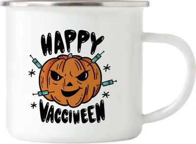 Produktbild von Happy Halloween Emaille Tasse Kürbis Kürbiskopf Impfung Vaccination Spooky Corona Virus   Lockdown