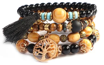 Produktbild von SHUBEIEUMI Boho Holzperlen Armband, 4 Stück Boho Quaste Armband für Damen, Fraue