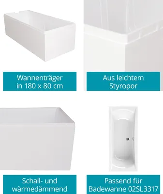 Produktbild von Calmwaters® Wannenträger 180 x 80 cm Modern Curved, Passend für Rechteck-Badewanne 180x80 cm, Styroporträger, Schall- und wärmedämmend, Direkt verfliesbar, Badewannenträger in Weiß, 03AX3362