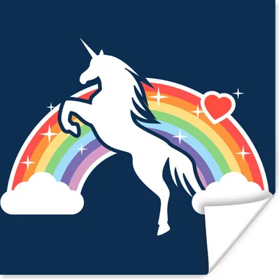 Produktbild von MuchoWow® Poster Eine Illustration von einem weißen Einhorn vor einem Regenbogen auf einem blauen Hintergrund - Mädchen - Kind - Baby 100x100 cm - Babyzimmer