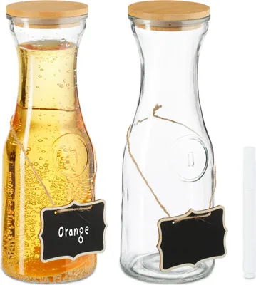 Produktbild von Relaxdays Wasserkaraffe, 2er Set, 1 Liter, Glaskaraffe mit Bambusdeckel, zum Beschriften, Wasserkanne, transparent/natur